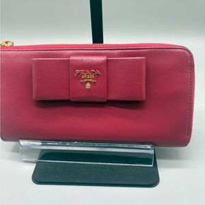 Prada Saffiano Fiocco Bow Zip Around Wallet Pink Gold Logo Auth Card